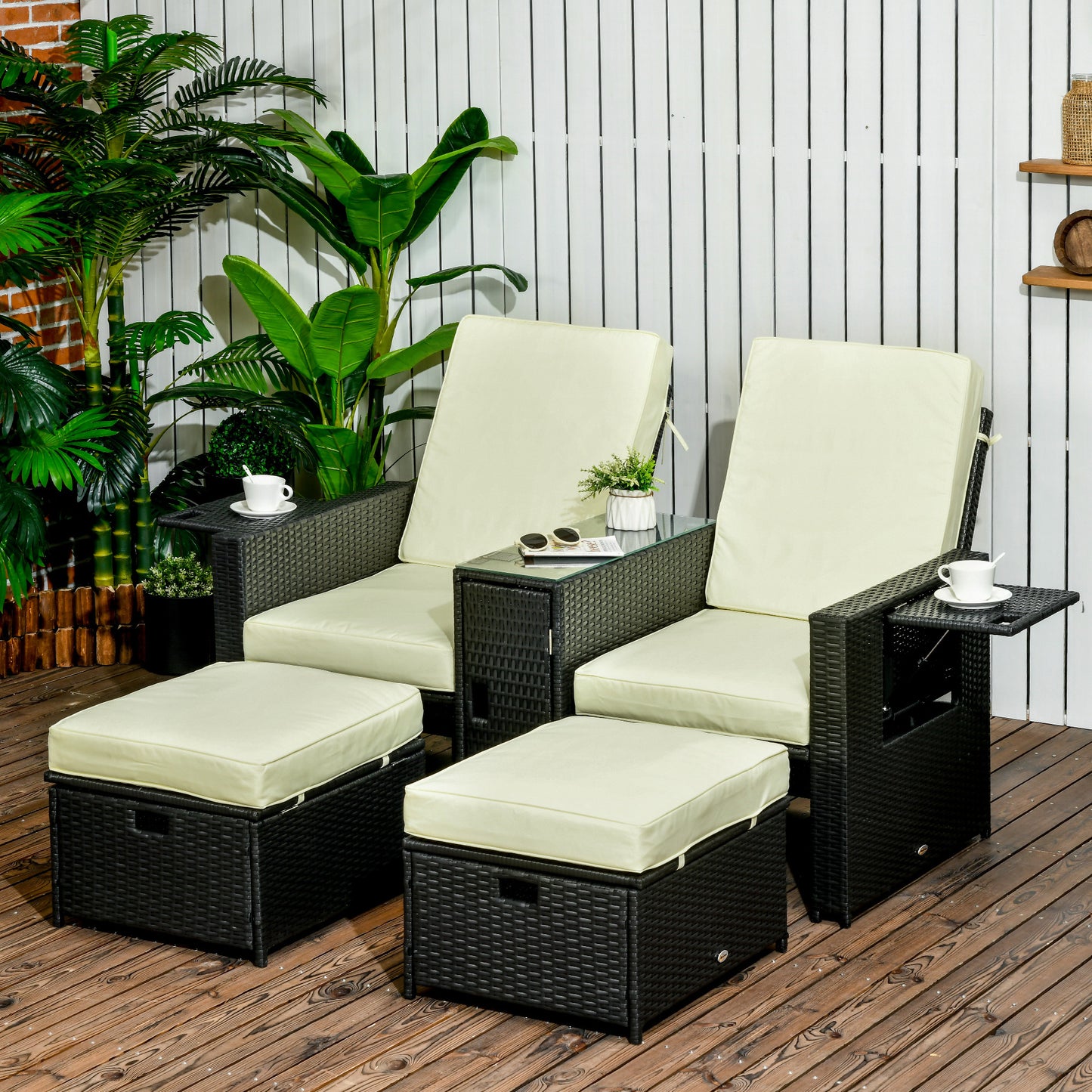 Outsunny 5PC PE Rattan Sun Lounger, 5-level Adjustable Recliner Sofa Bed with Storage Side Table and Footstools, Black