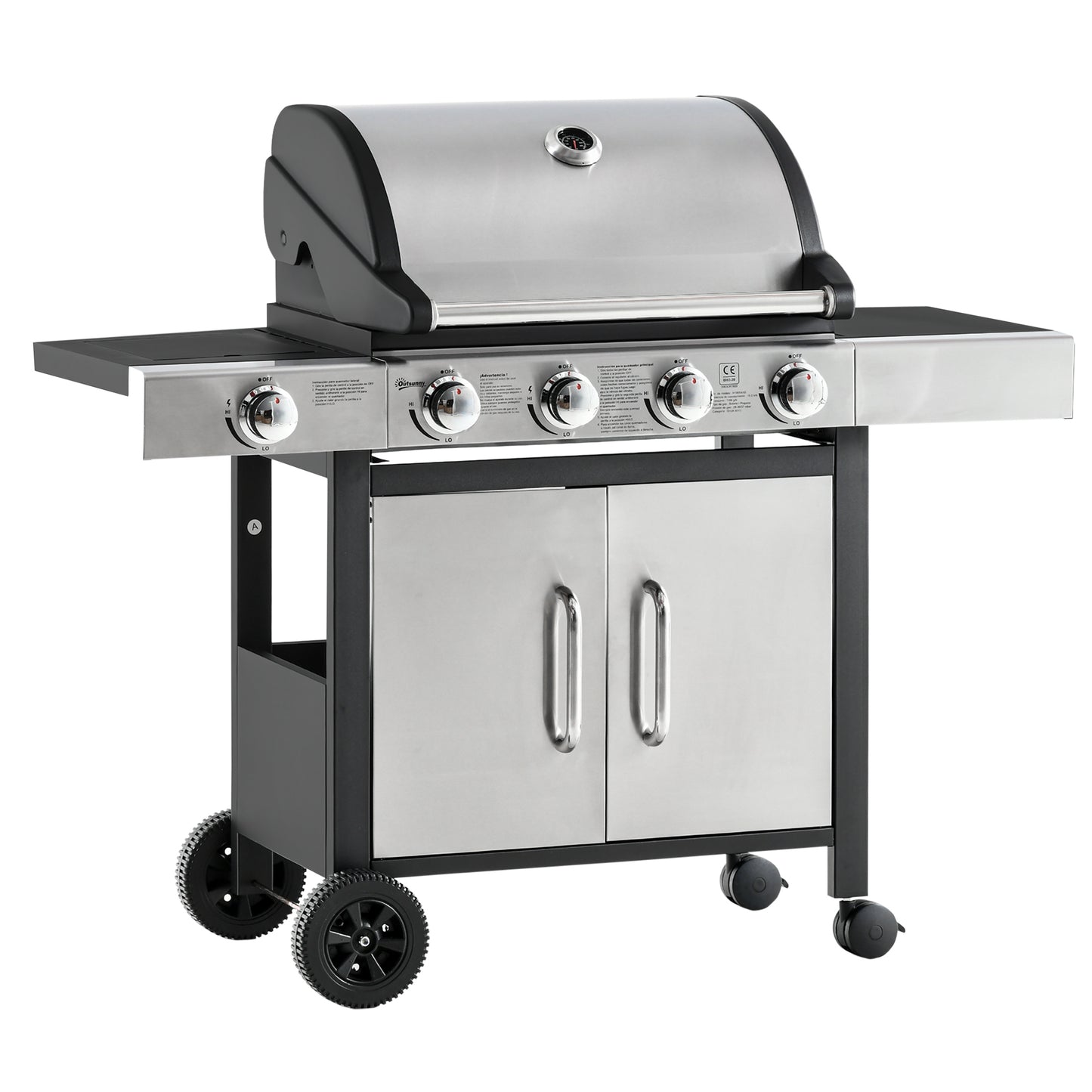Photo of Outsunny Gas Barbecue Grill 4+1 Burner Garden Smoker BBQ Trolley w/ Side Burner Warming Rack Side Shelves Storage Cabinet Piezo Ignition Thermometer Stainless Steel + Metal in Metal colour on a white background
