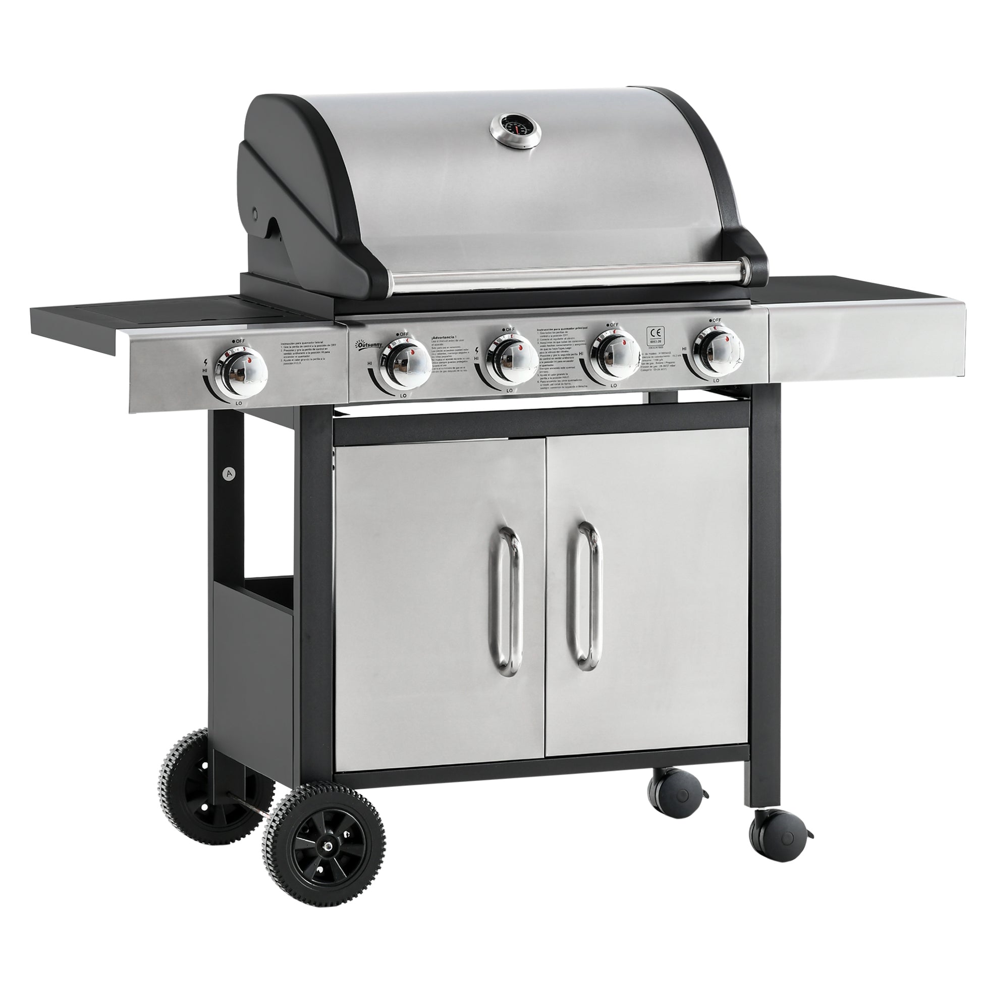 Photo of Outsunny Gas Barbecue Grill 4+1 Burner Garden Smoker BBQ Trolley w/ Side Burner Warming Rack Side Shelves Storage Cabinet Piezo Ignition Thermometer Stainless Steel + Metal in Metal colour on a white background