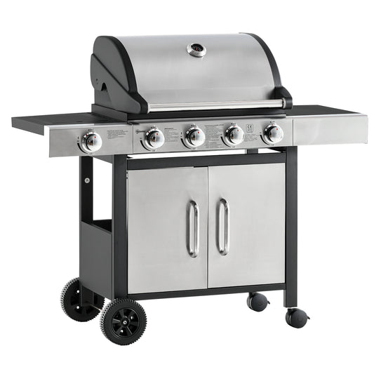 Photo of Outsunny Gas Barbecue Grill 4+1 Burner Garden Smoker BBQ Trolley w/ Side Burner Warming Rack Side Shelves Storage Cabinet Piezo Ignition Thermometer Stainless Steel + Metal in Metal colour on a white background