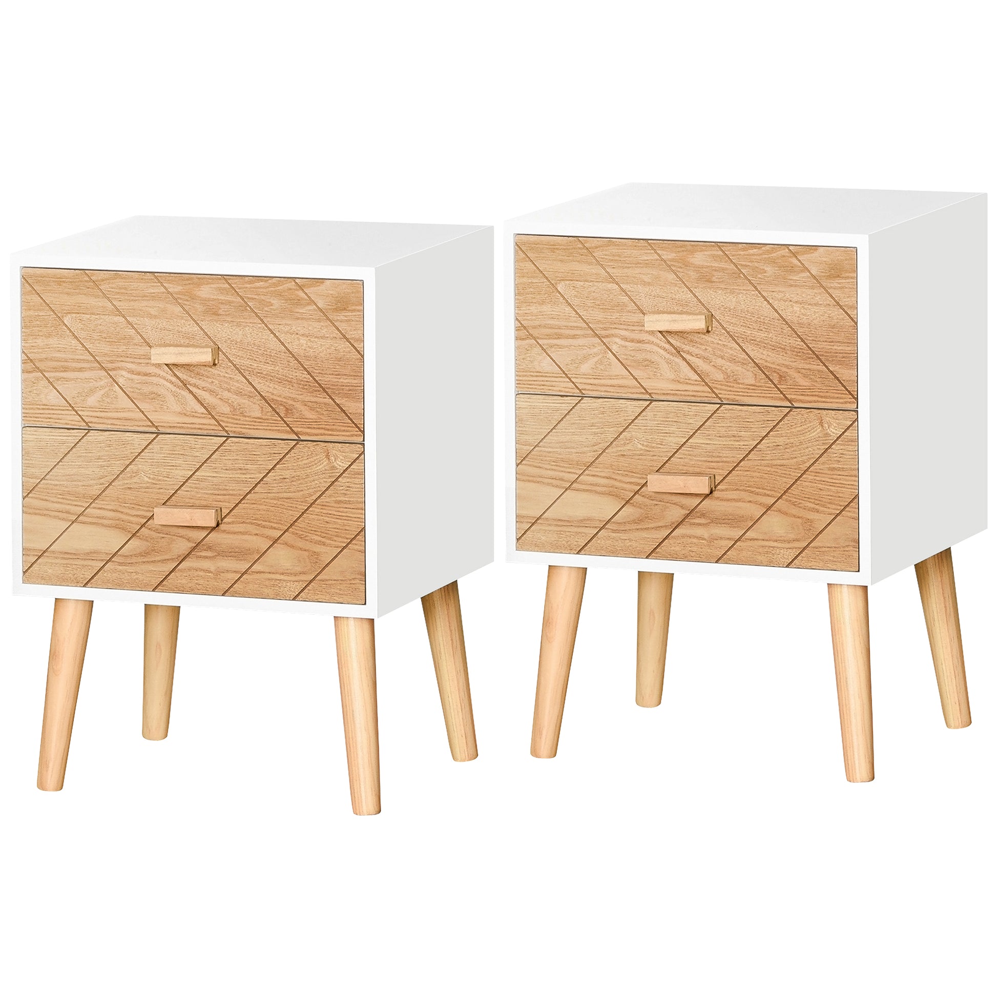 Photo of HOMCOM Bedside Table Set of 2, Modern Bedside Cabinets with Drawer and Pine Wood Legs, Nightstand for Bedroom, White and Natural in Natural colour on a white background