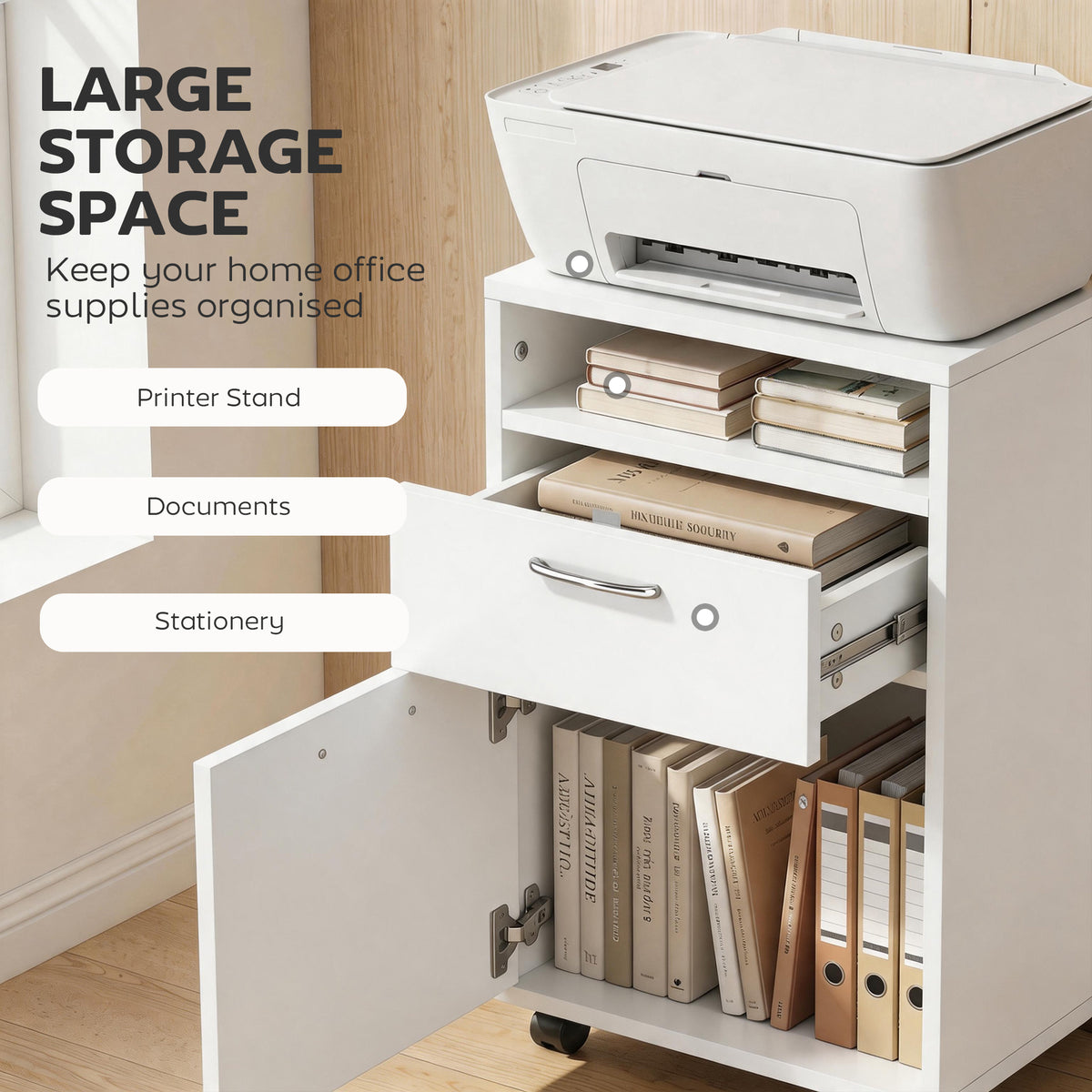 White mobile filing cabinet with printer stand, open shelves, drawer, and lower storage