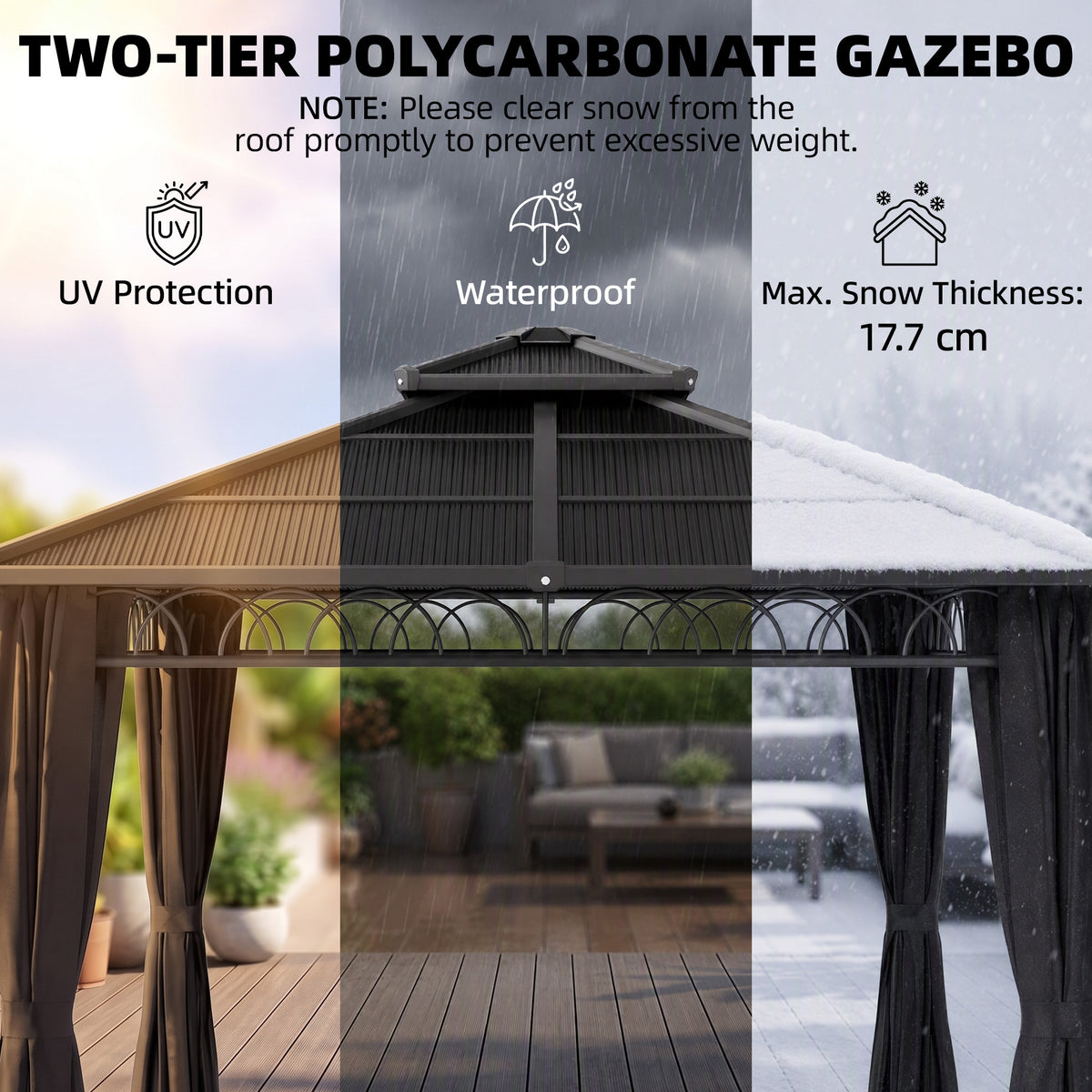 Two-tier polycarbonate gazebo roof and curtains shown for UV protection and weather resistance.