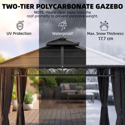 Two-tier polycarbonate gazebo roof and curtains shown for UV protection and weather resistance.
