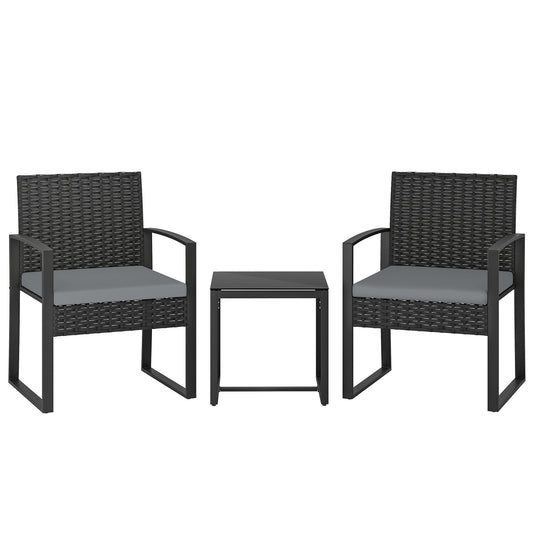 Photo of Outsunny Rattan Bistro Set, 3 Piece Garden Furniture Set with Glass Top Table and Cushions, Light Grey in Grey colour on a white background