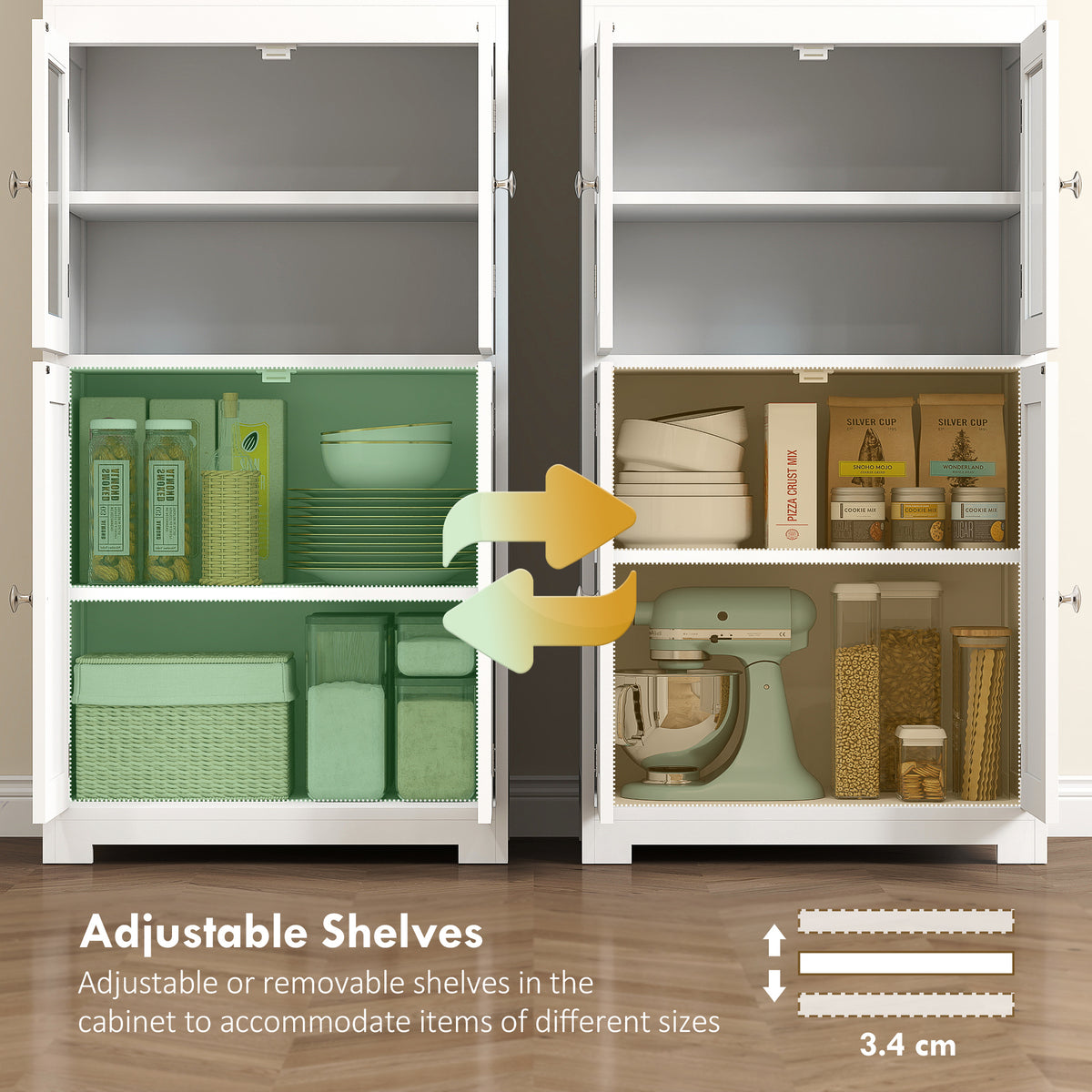 White cupboard with adjustable shelves shown at two different heights.