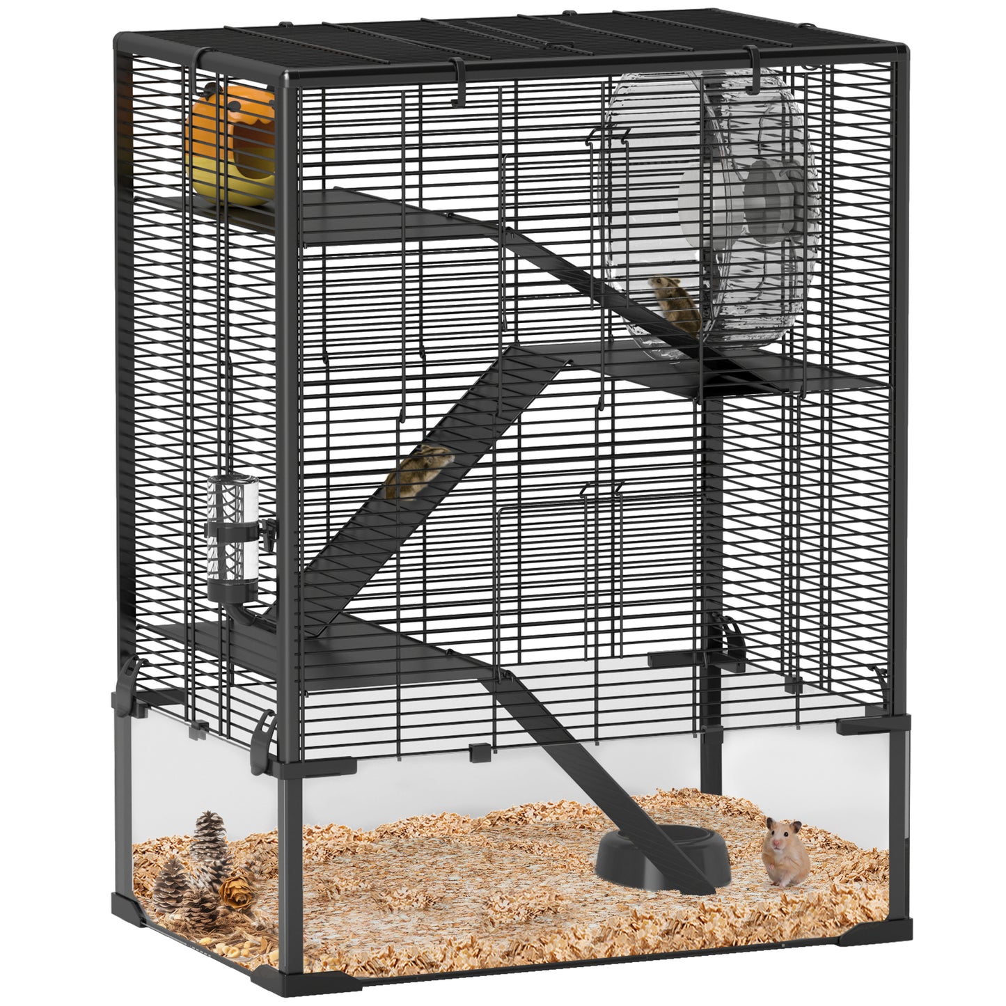 Photo of PawHut Four-Tier Hamster Cage with Deep Tempered Glass Bottom, Hut, Running Wheel, Food Dish, Water Bottle, 60 x 40 x 80cm in 80cm colour on a white background