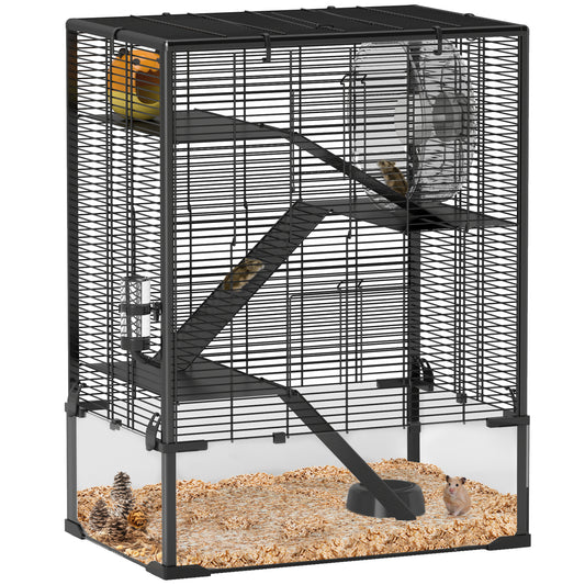 Photo of PawHut Four-Tier Hamster Cage with Deep Tempered Glass Bottom, Hut, Running Wheel, Food Dish, Water Bottle, 60 x 40 x 80cm in 80cm colour on a white background