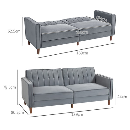 Sofa bed shown folded and unfolded with dimensions: 189 cm wide