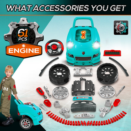 HOMCOM teal truck engine toy set with toy car, wheels, tools, key and engine parts