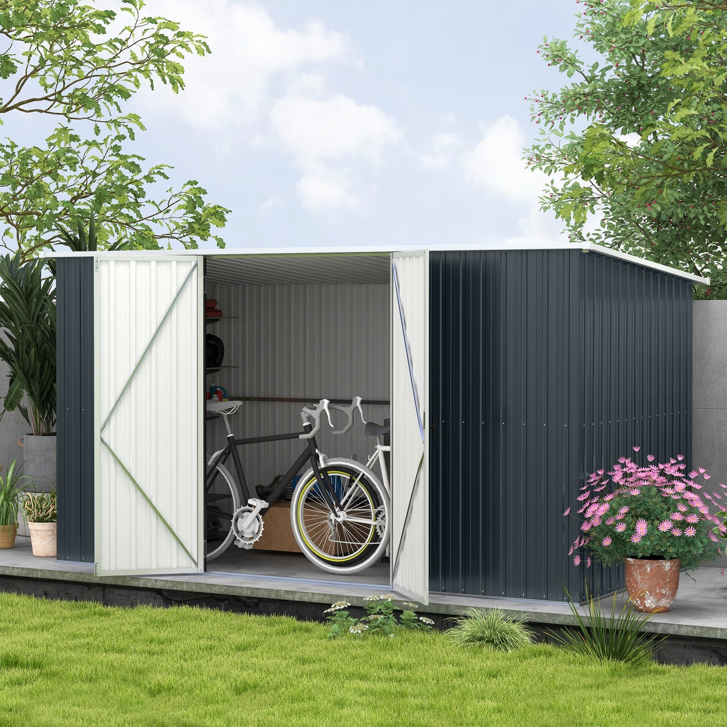 Outsunny 11 x 5.6ft Galvanised Steel Garden Shed, Metal Shed, Garden Storage Shed with Lockable Doors and Gloves for Outdoor Patio, Garden, Grey