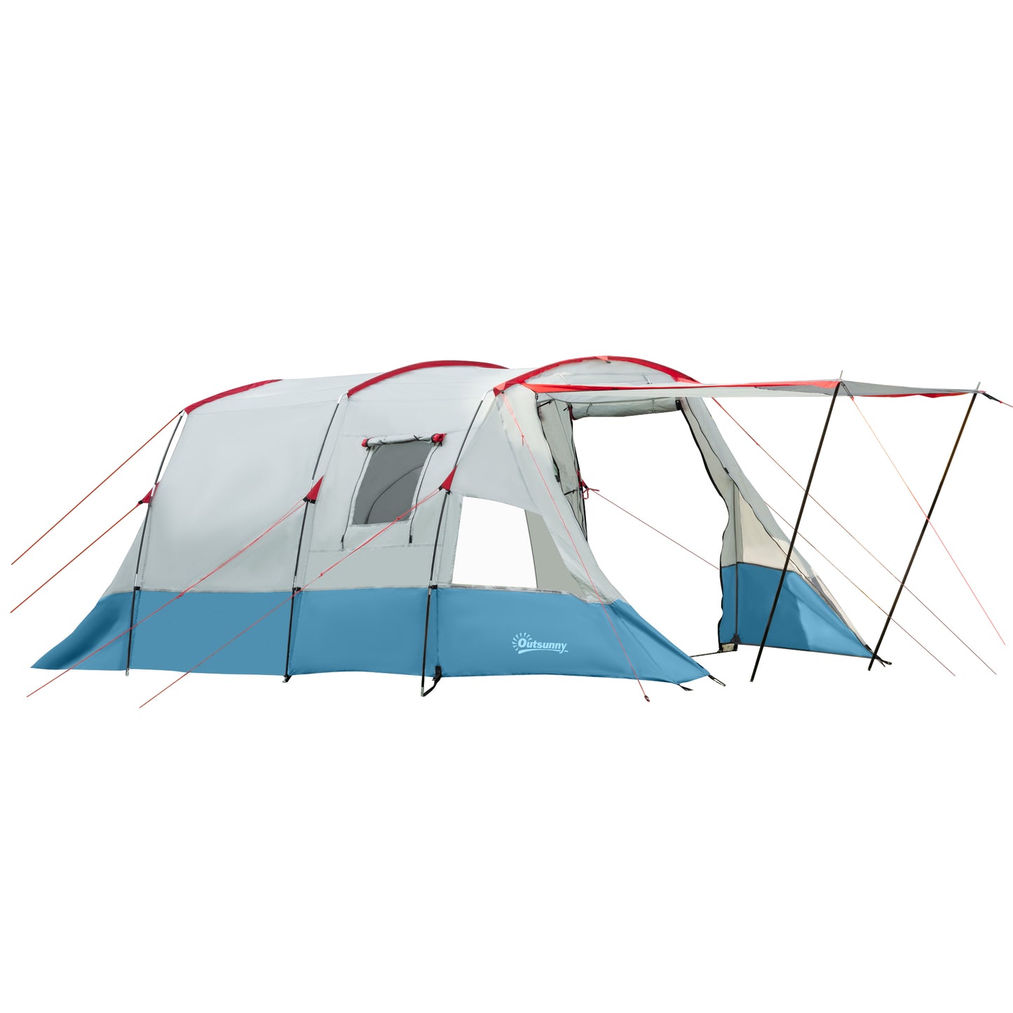 Photo of Outsunny 6-8 Person Tunnel Tent, Camping Tent with Bedroom, Living Room, Sewn-in Floor, 3 Doors and Carry Bag, 2000mm Water Column for Fishing, Hiking, Sports, and Traveling, Blue in Blue colour on a white background