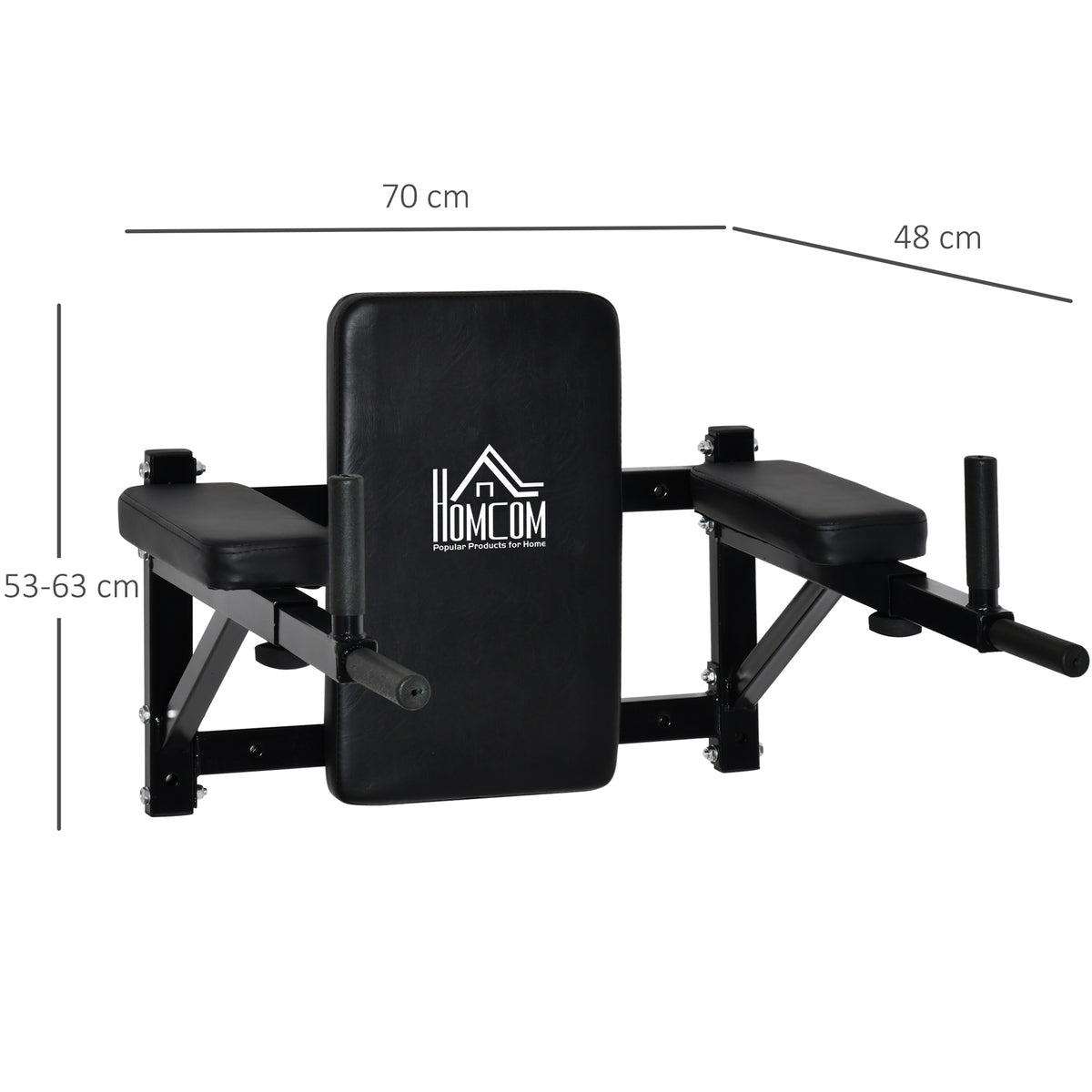 HOMCOM wall-mounted dip station with padded backrest and arms, shown with dimensions