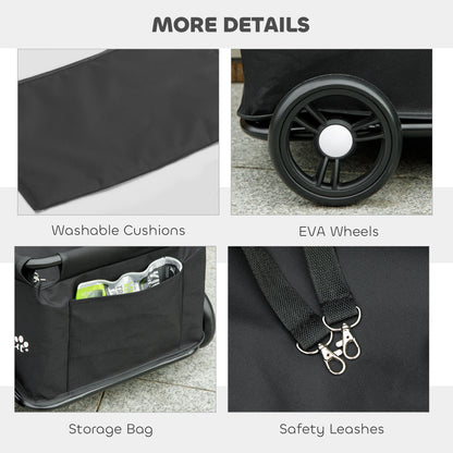 Pet wagon details: washable cushion, EVA wheel, storage bag and safety leash clips.