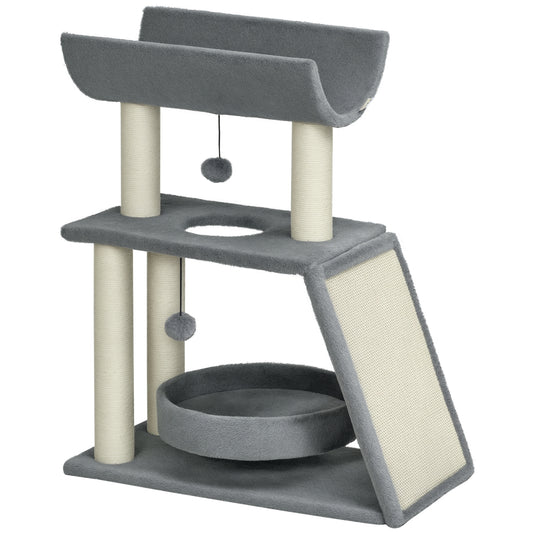 Photo of PawHut Cat Tree Tower, with Scratching Posts, Pad, Bed, Perch, Toy Ball - Light Grey in Grey colour on a white background