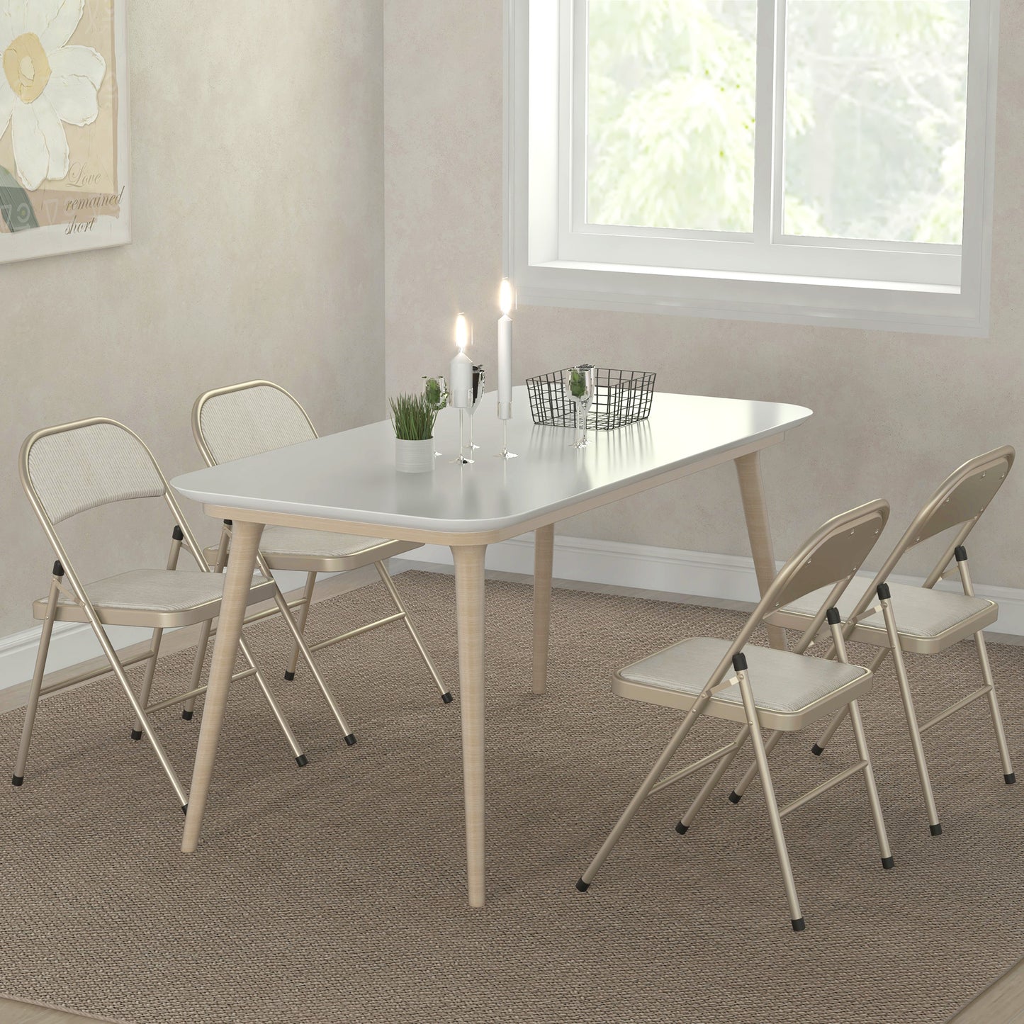 HOMCOM Linen-Look Set of Four Cushioned Folding Chairs - Beige