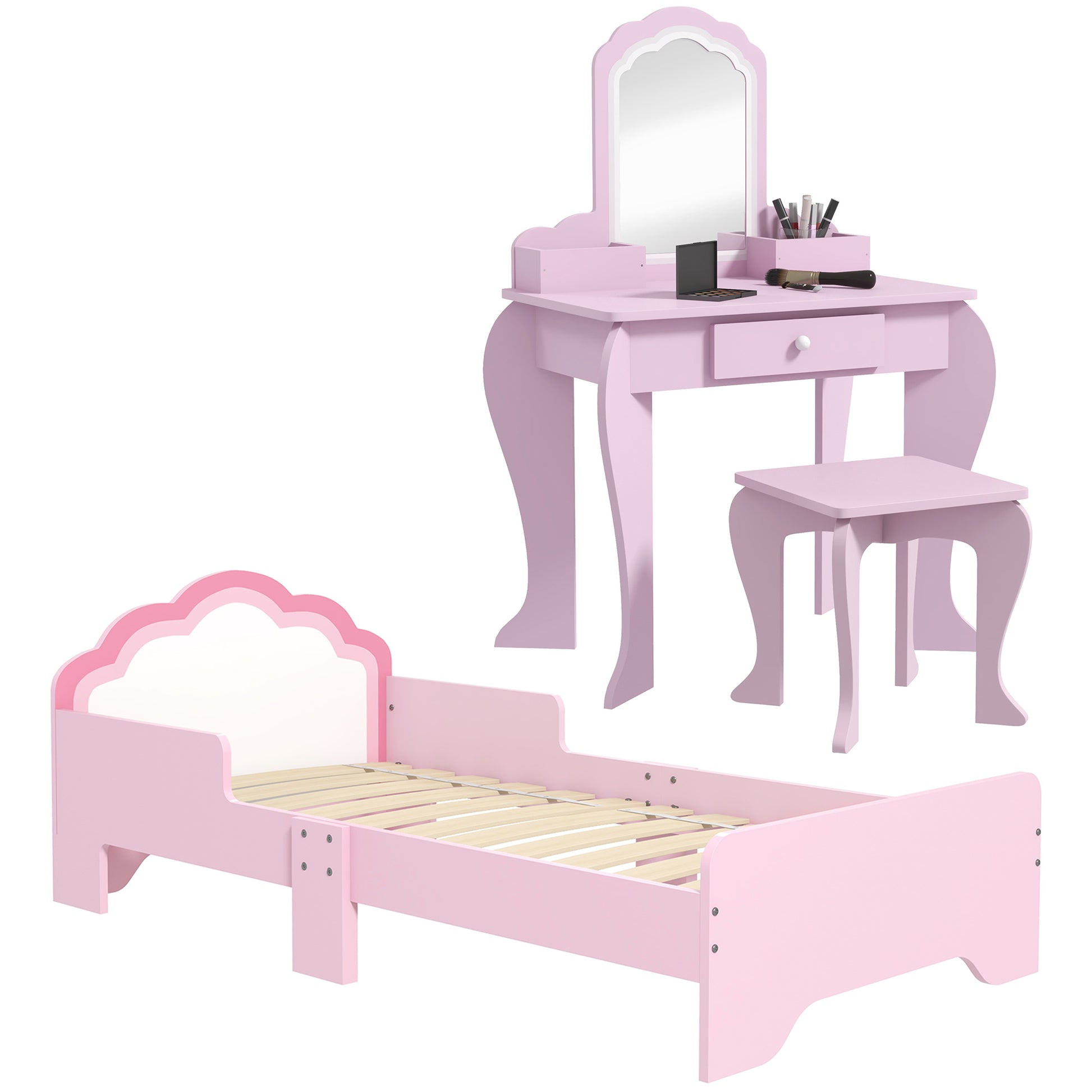 Photo of ZONEKIZ Wooden Kids Bedroom Furniture Set with Kids Dressing Table, Stool, Bed, for 3-6 Years, Cloud-Design in Cloud-Design colour on a white background