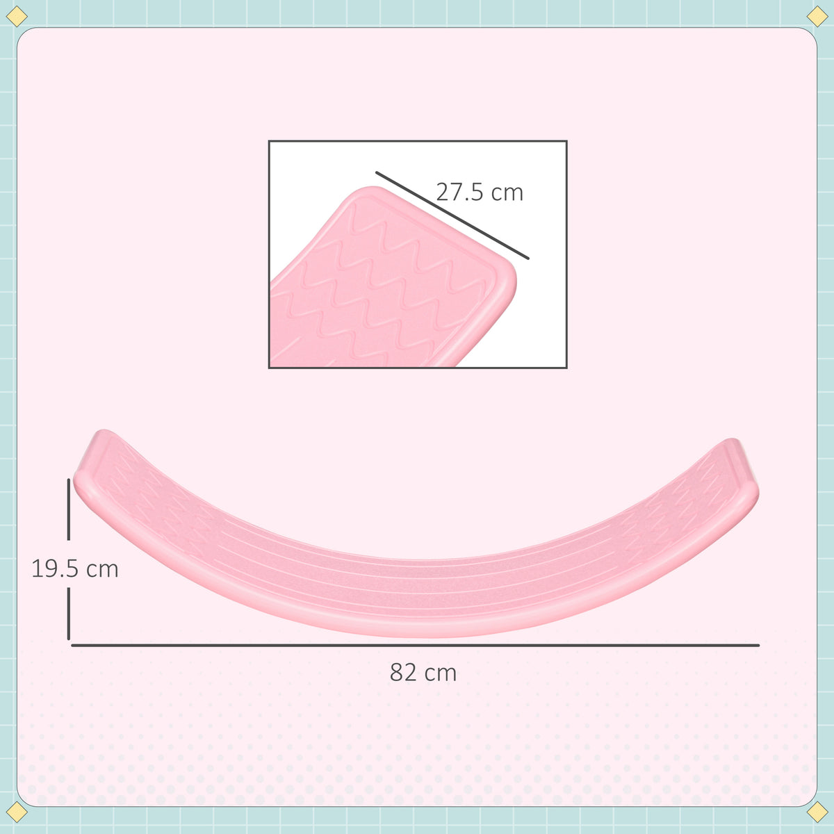 Pink children's balance board with curved rocker shape; measures 82 cm long and 19.5 cm high.