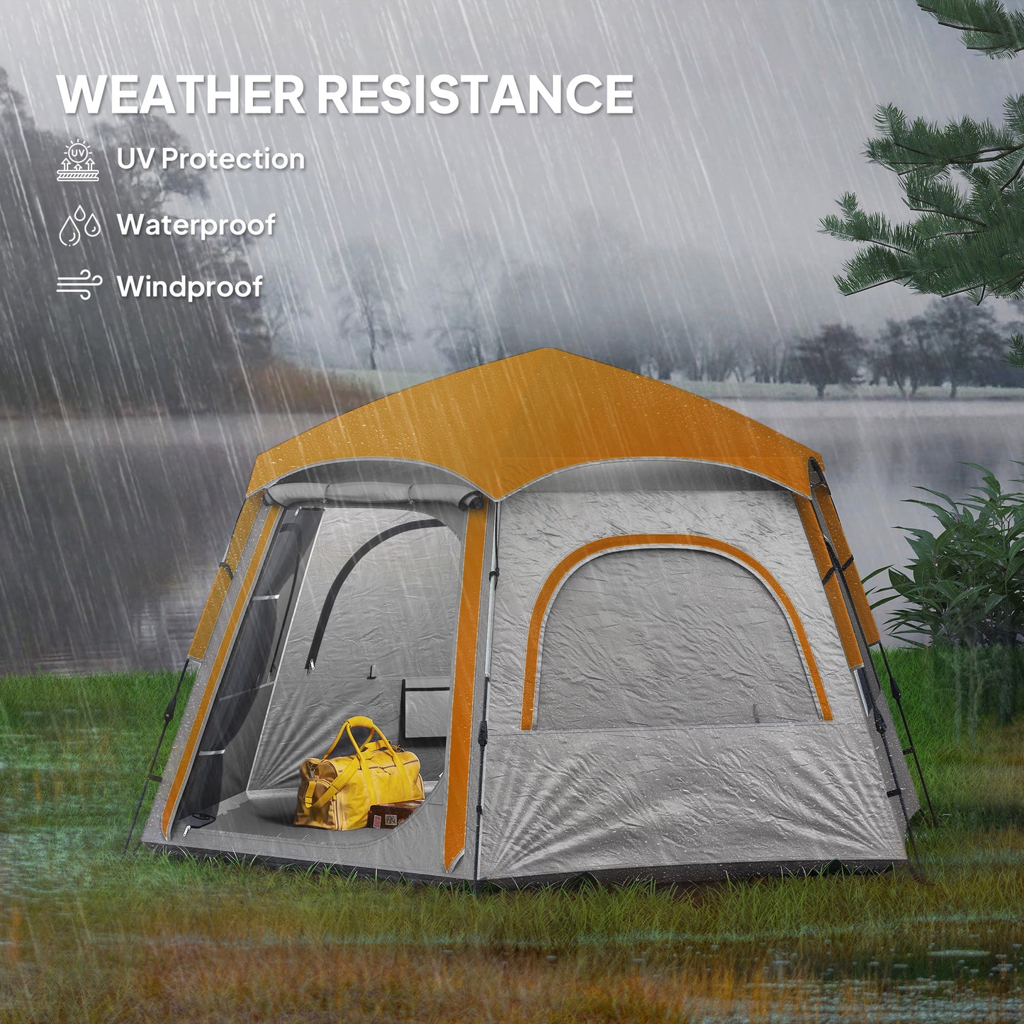 Outsunny Instant Pop Up Camping Tent, 2/3/4 Person Easy Setup Dome Family Tent with Vestibule, Rainfly, 4 Mesh Windows & 2 Doors, Hexagonal Design, Waterproof & UV Protected, Light Grey
