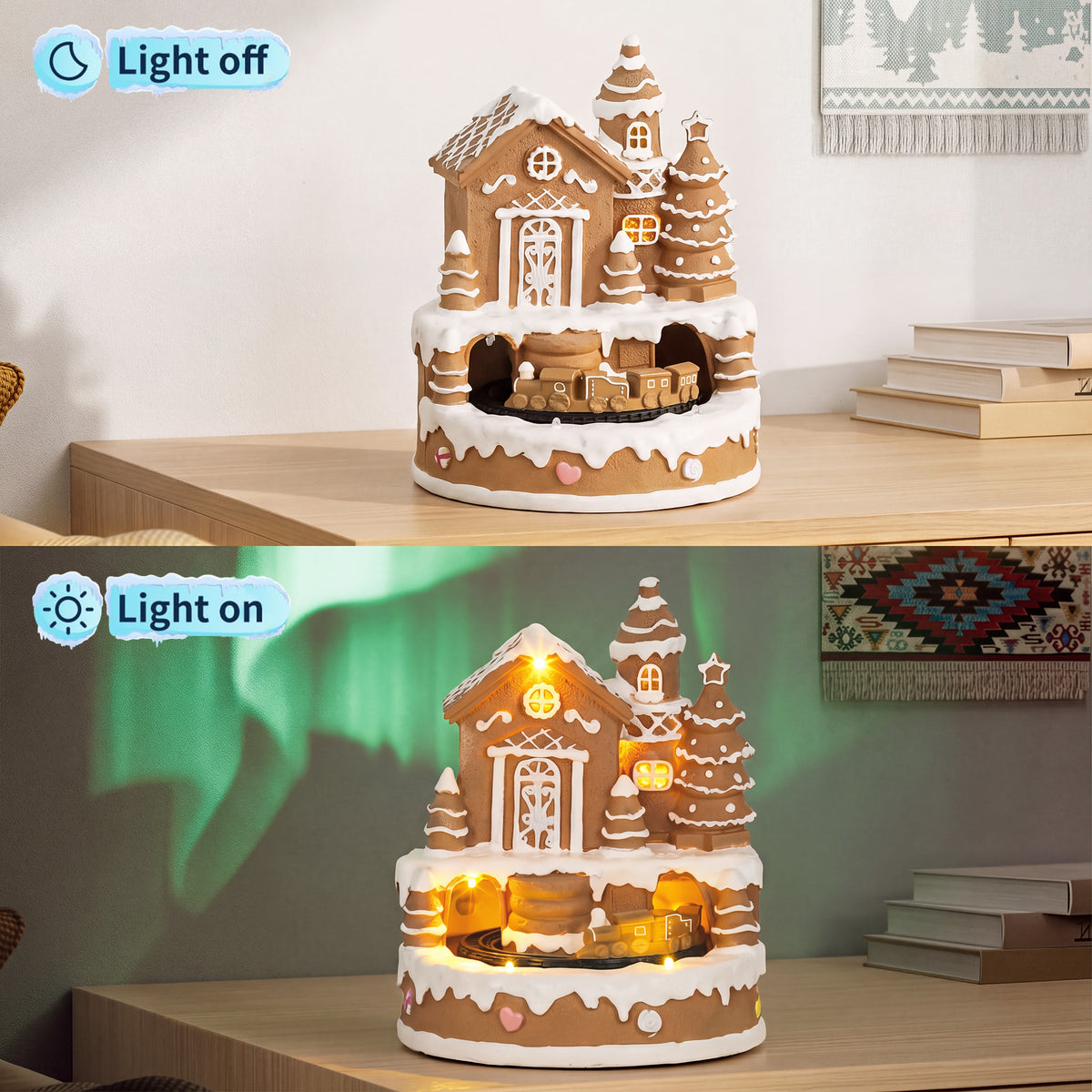 HOMCOM Christmas Gingerbread House, Lighted Musical Snow Village with Rotating Train, LEDs, Tunes, Battery Operated