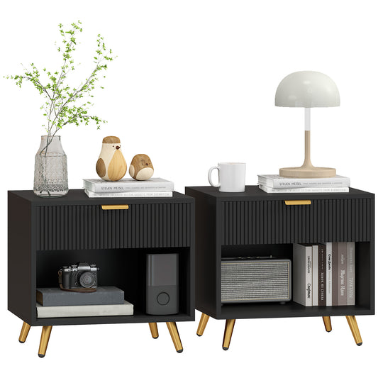 Photo of HOMCOM Elegant Bedside Table Set of 2, with Drawer and Shelf - Black/Gold Tone in Tone colour on a white background