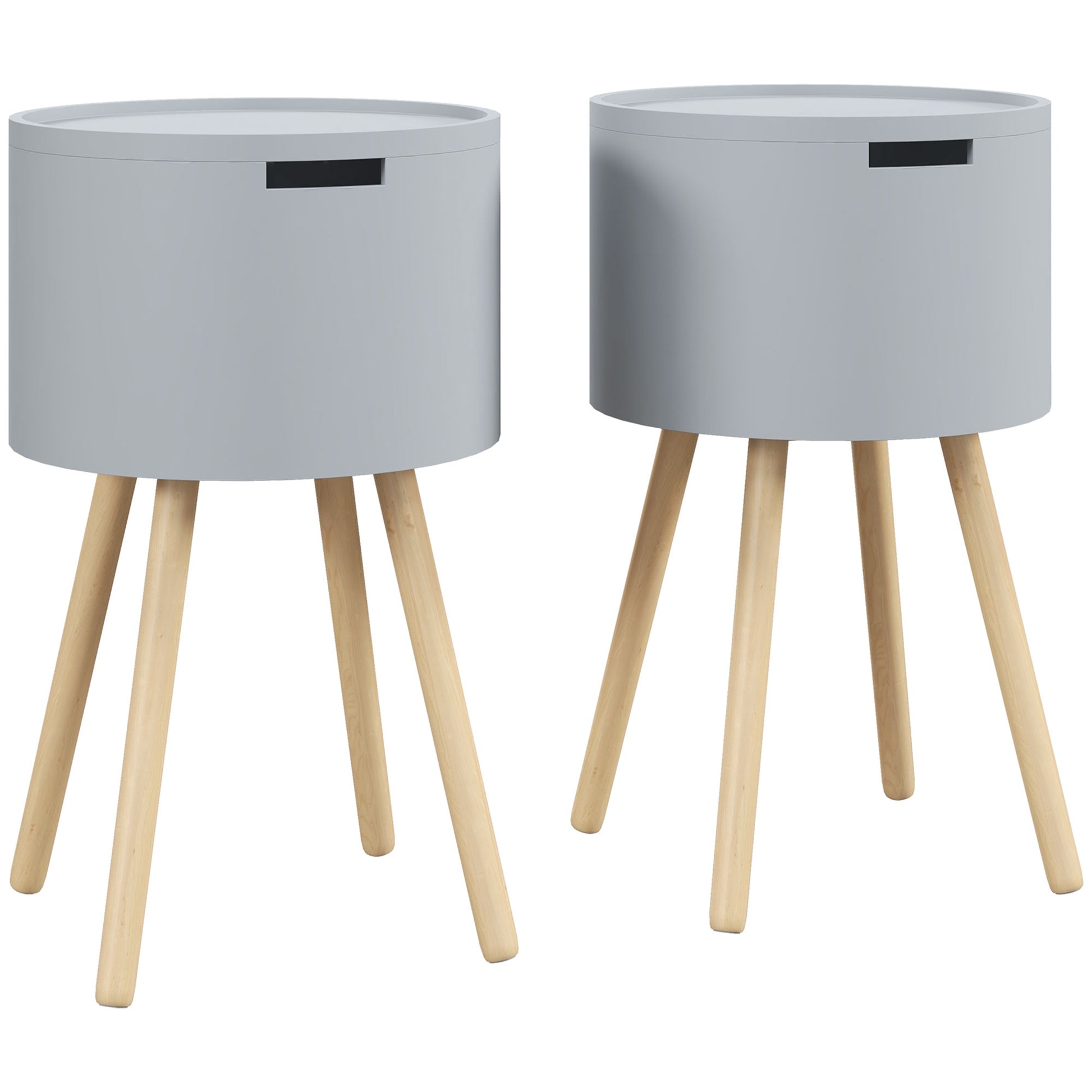 Photo of HOMCOM Modern Side Table with Hidden Storage Space, Round Night Stand with Removable Tray Wood Frame End Coffee Table for Living Room, Set of 2, Grey in Grey colour on a white background