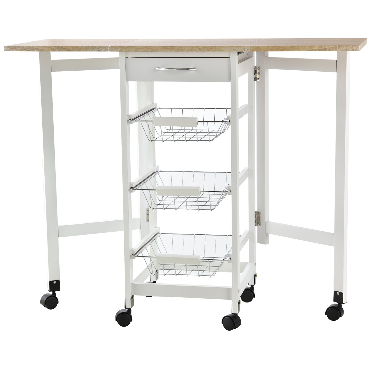 Photo of HOMCOM Drop-Leaf Kitchen Cart Trolley w/ 3 Baskets Drawer Surface Top 6 Universal Wheels Rolling Storage Unit Kitchen Home Dining Island White Oak Tone in Tone colour on a white background