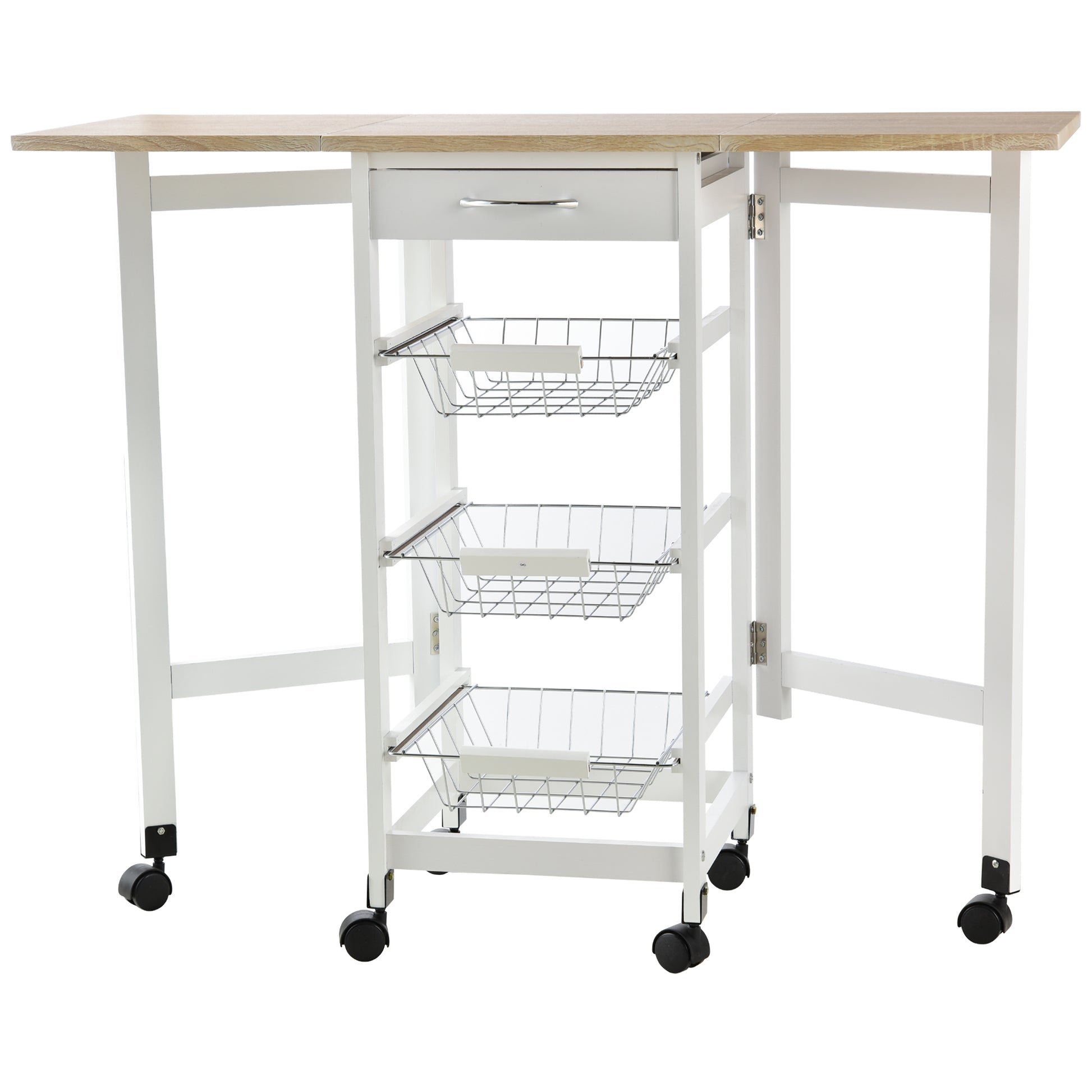 Photo of HOMCOM Drop-Leaf Kitchen Cart Trolley w/ 3 Baskets Drawer Surface Top 6 Universal Wheels Rolling Storage Unit Kitchen Home Dining Island White Oak Tone in Tone colour on a white background