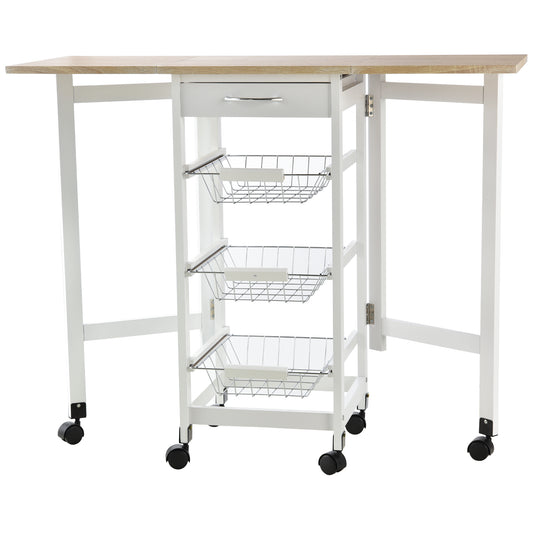 Photo of HOMCOM Drop-Leaf Kitchen Cart Trolley w/ 3 Baskets Drawer Surface Top 6 Universal Wheels Rolling Storage Unit Kitchen Home Dining Island White Oak Tone in Tone colour on a white background