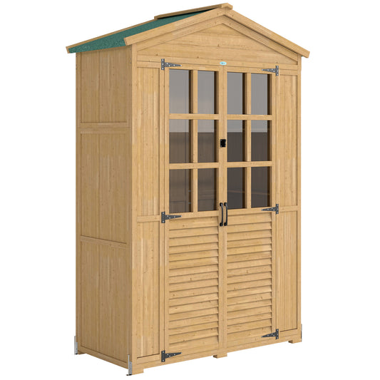 Photo of Outsunny Outdoor Wooden Storage Cabinet, Garden Tool Shed with Acrylic Windows for Patio, Light Brown in Brown colour on a white background