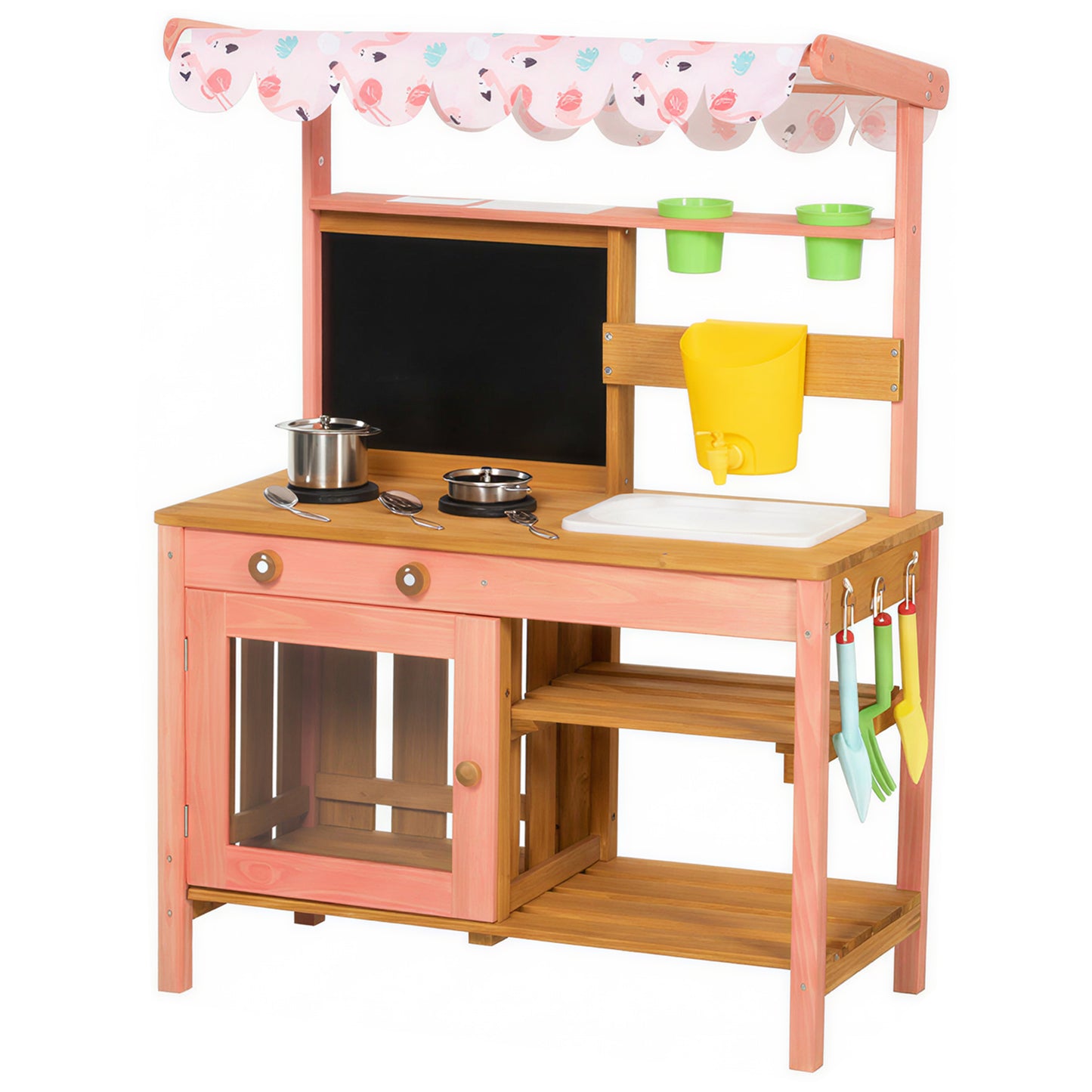 Photo of AIYAPLAY Kids Mud Kitchen with Canopy, Outdoor Wooden Play Kitchen with Planter Box, Accessories for Age 3-6, Pink in Pink colour on a white background