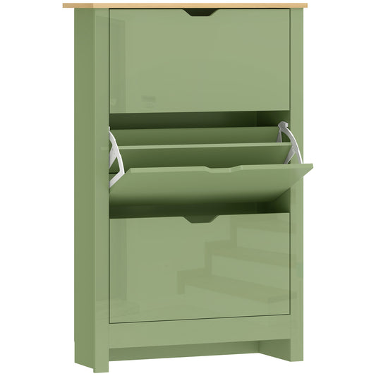 Photo of HOMCOM Slim Shoe Cabinet, Narrow Shoe Cupboard with 3 Flip Drawers, Adjustable Shelves for 18 Pairs of Shoes, High Gloss Green in Green colour on a white background