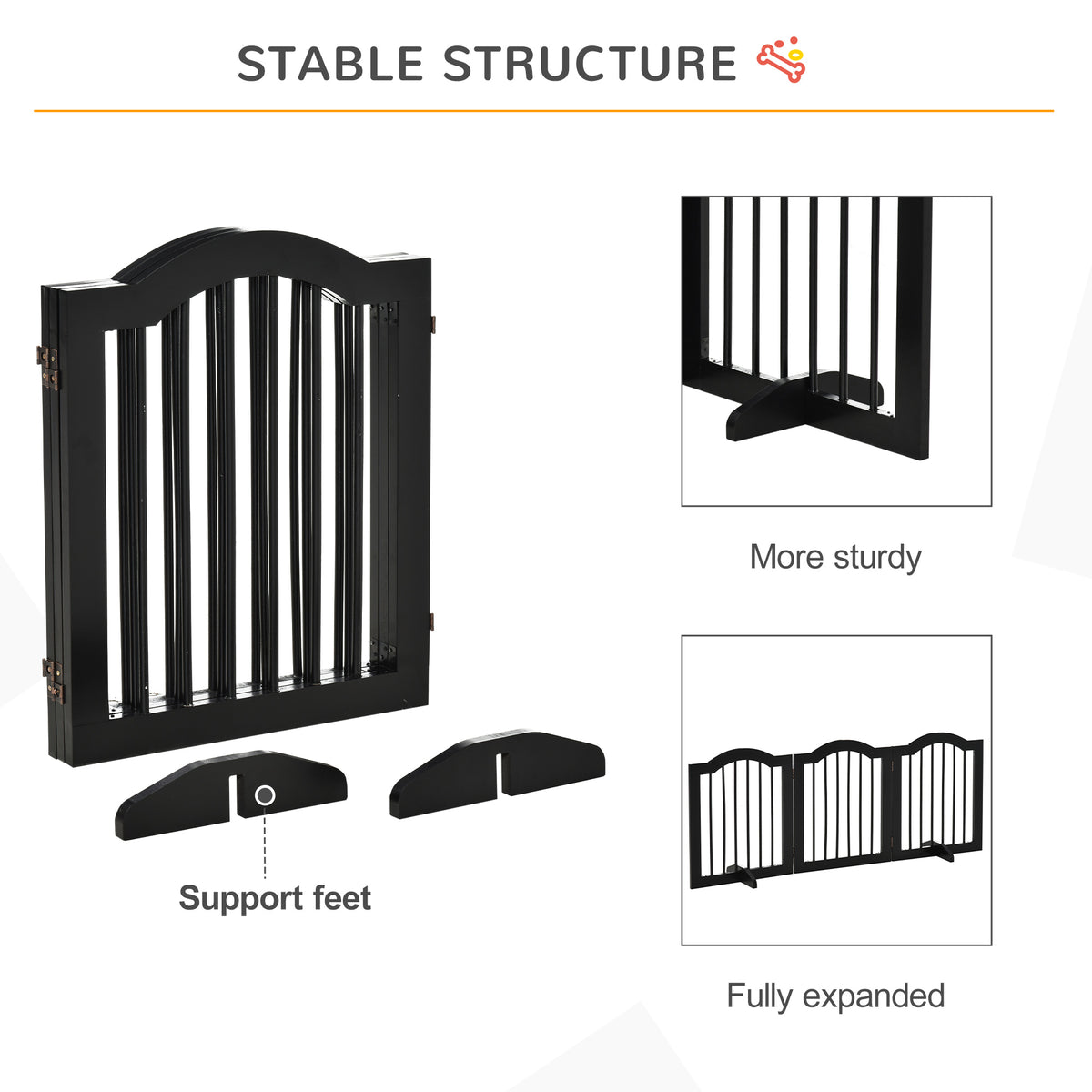 PawHut Freestanding Dog Gate Wooden Stair Gate for Dogs with Support Feet Foldable Pet Fence Safety Barrier for the House Doorway Stairs Black