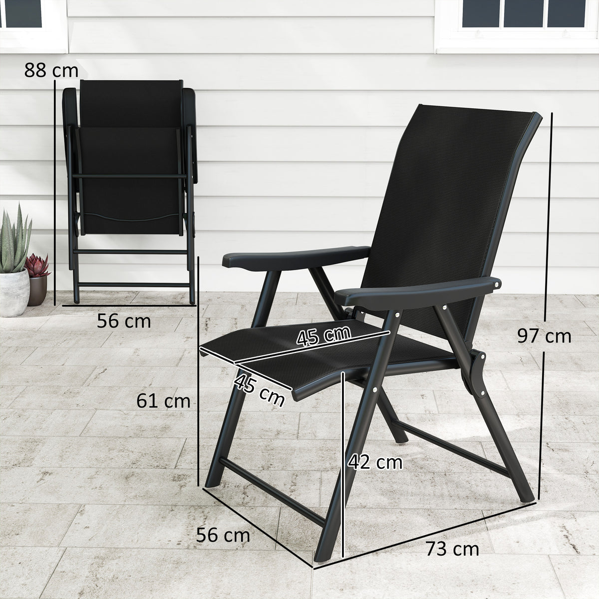 Black folding outdoor chair shown from the side with folded chair and dimensions