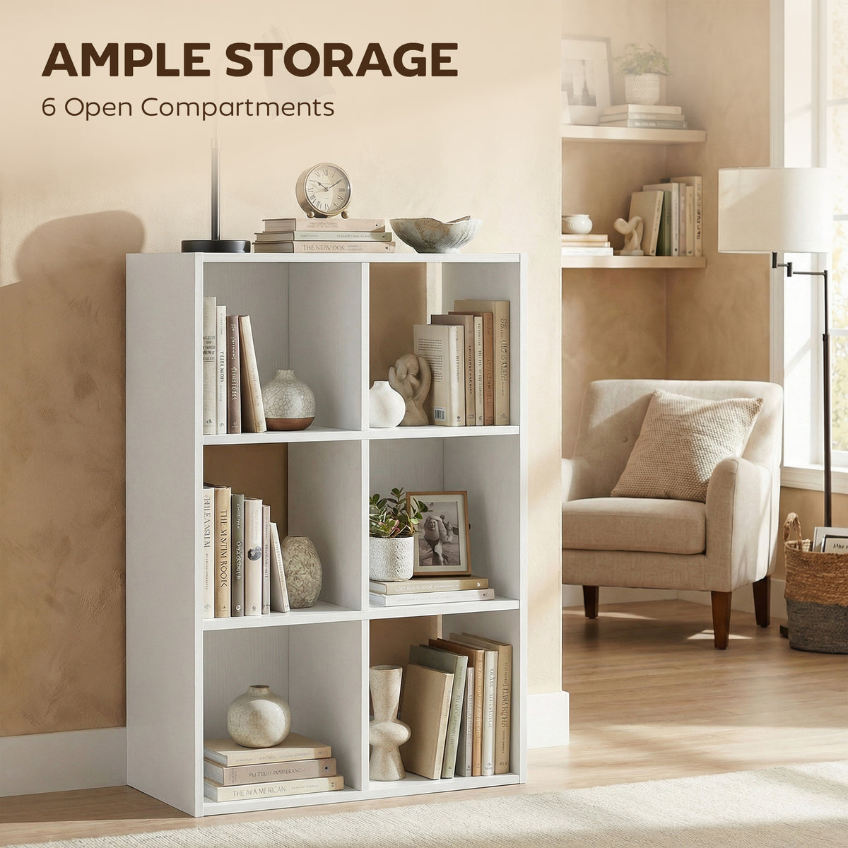HOMCOM Industrial Style Storage Shelf, Bookcase, Bookshelf with 6 Compartments, for Living Room, Home Study, White Wood Effect