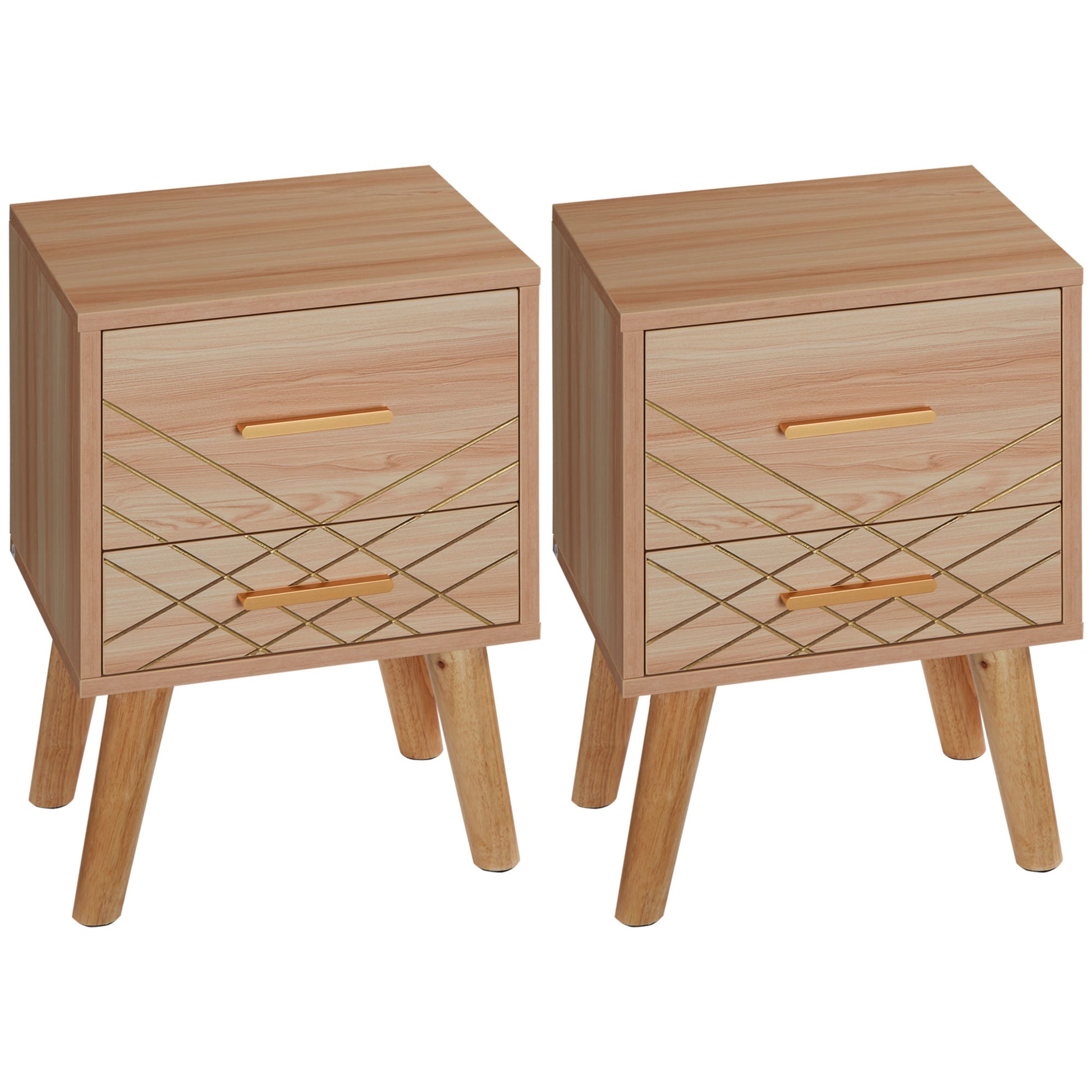 Photo of HOMCOM 2-Piece Scandinavian Bedside Tables with Drawers, Bedside Cabinets with Wood Legs, Natural in Natural colour on a white background
