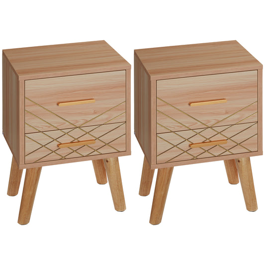 Photo of HOMCOM 2-Piece Scandinavian Bedside Tables with Drawers, Bedside Cabinets with Wood Legs, Natural in Natural colour on a white background