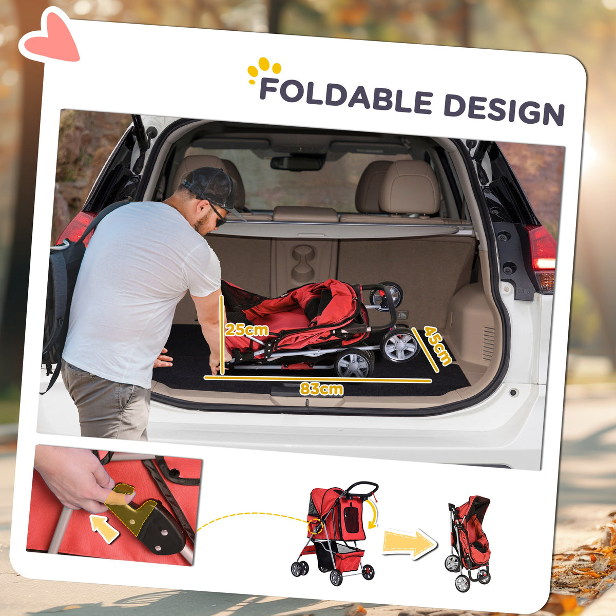 Red pet stroller folded for car storage, with compact dimensions shown