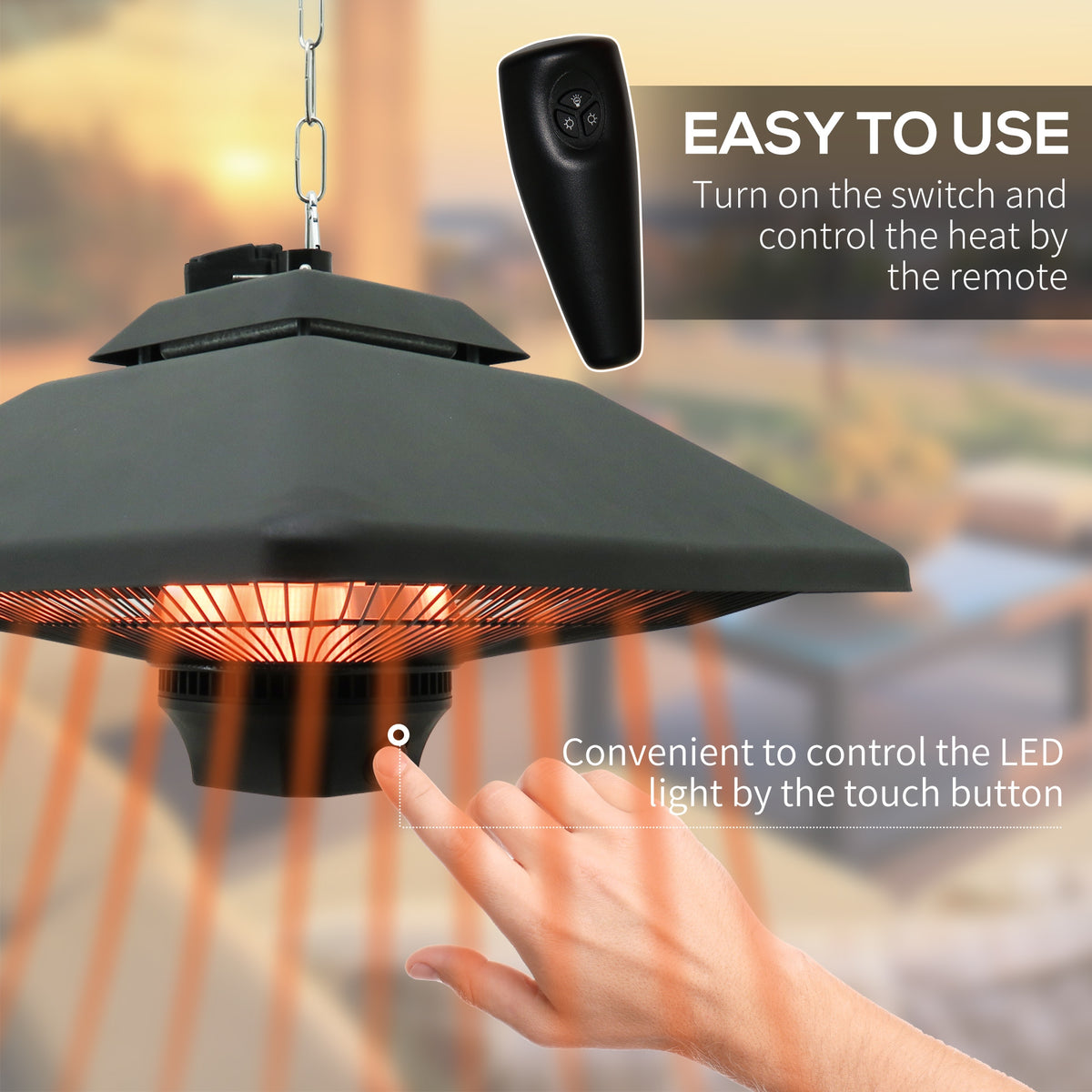Hanging patio heater with remote control and touch button for its LED light