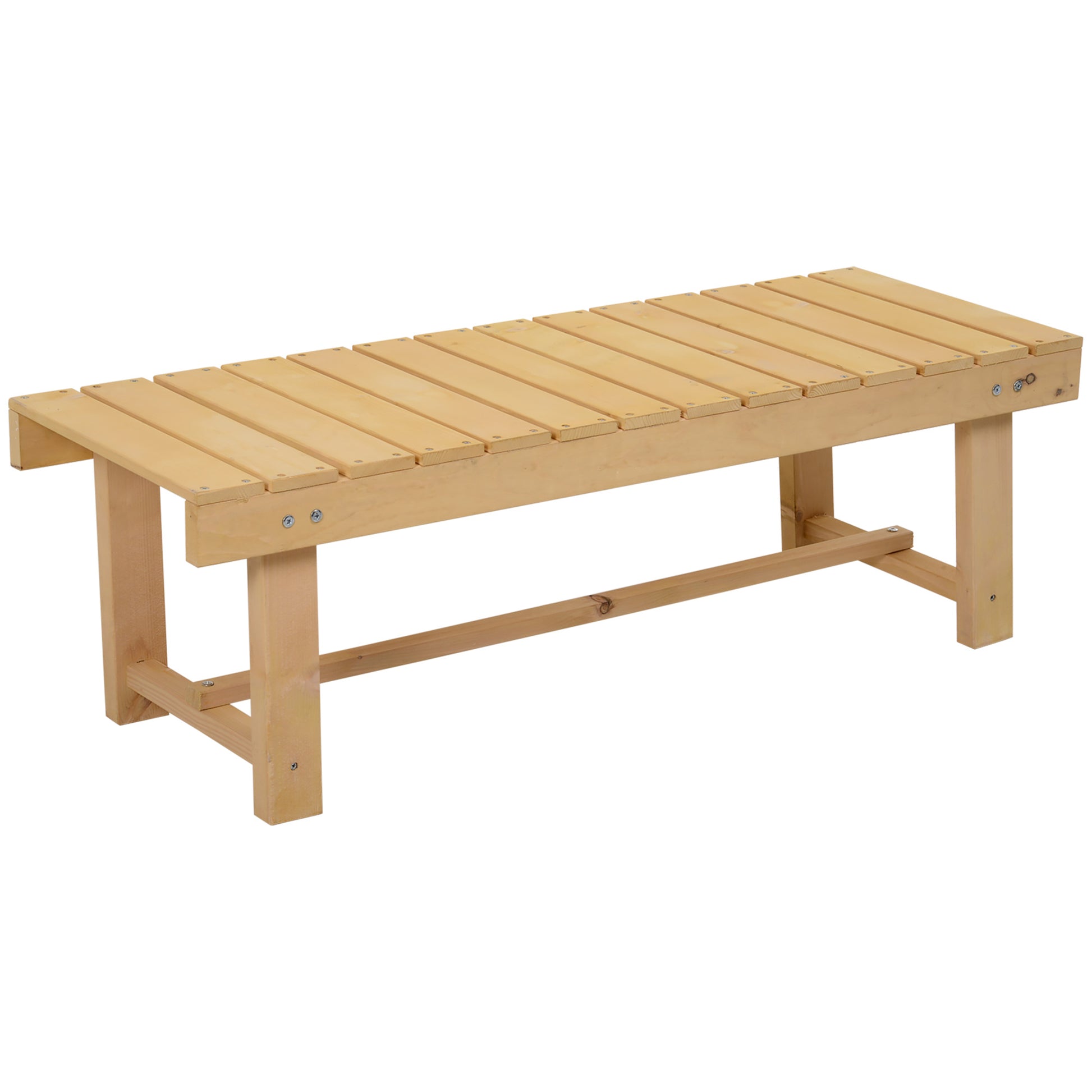 Photo of Outsunny Wooden Garden Benches, 2 Seater Outdoor Benches, Fir Wood Backless Patio Loveseat with Slatted Seat for Park, 110 x 38 x 35 cm, 3 Pieces, Natural Wood Finish in Finish colour on a white background