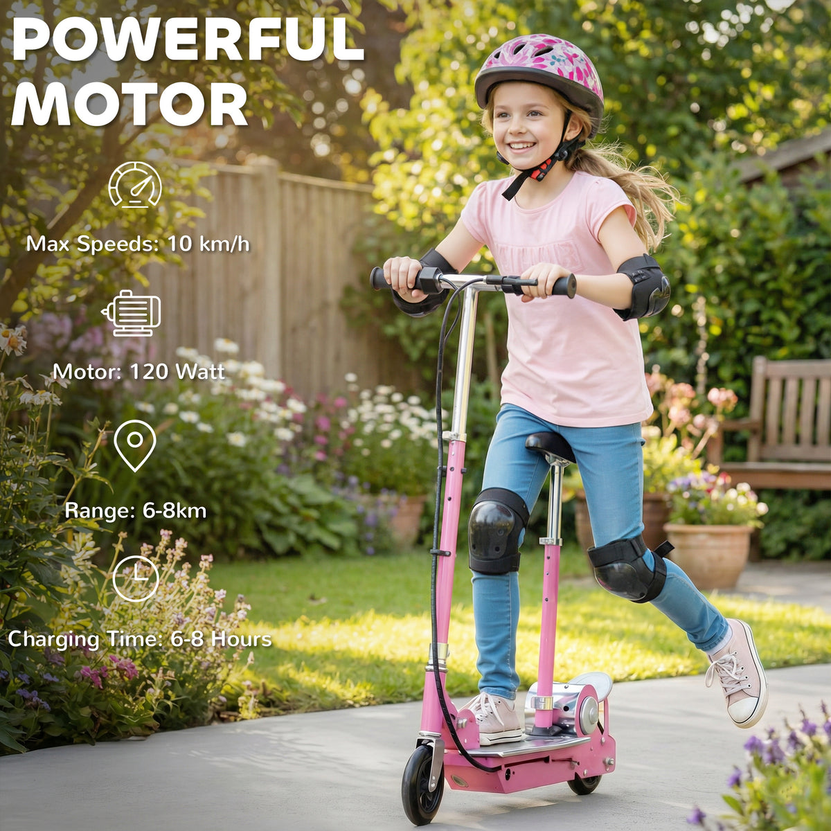HOMCOM pink electric scooter ridden by a child; specifications list a 120-watt motor and 6–8 km range