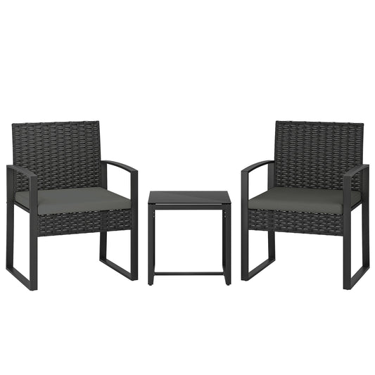 Photo of Outsunny Rattan Bistro Set, 3 Piece Garden Furniture Set with Glass Top Table and Cushions, Dark Grey in Grey colour on a white background