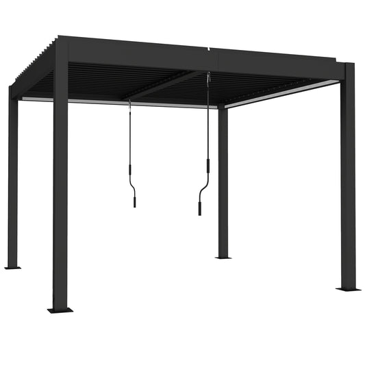 Photo of Outsunny 3 x 3 m Louvered Pergola with LED Lights, Metal Louvres, Aluminium Patio Gazebo Pergola, Dark Grey in Grey colour on a white background