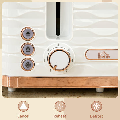 Close-up of toaster browning dial, function buttons and rose-gold trim