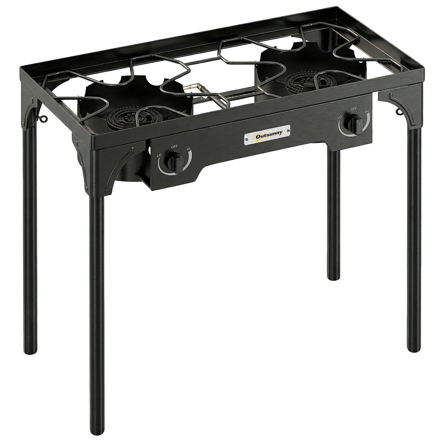 Photo of Outsunny Double Burner Camping Stove, 150,000 BTU High Pressure Camping Gas Stove with Detachable Legs, Black in Black colour on a white background