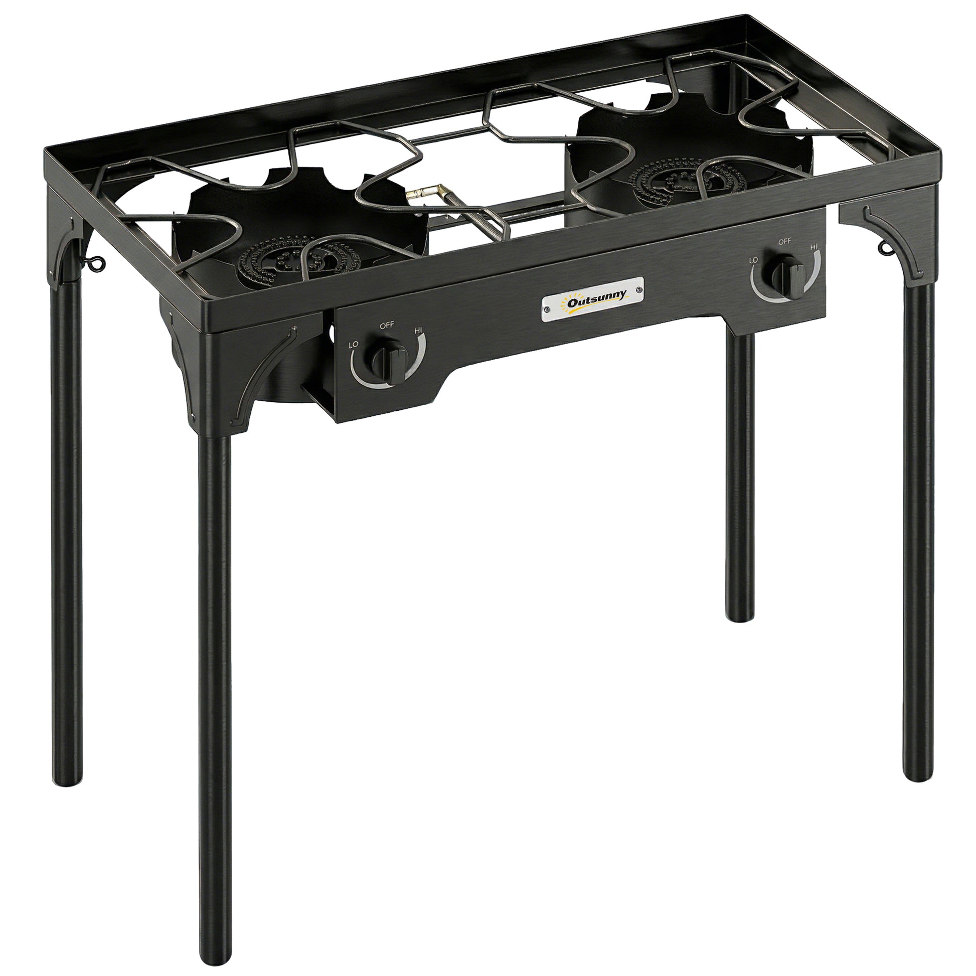 Photo of Outsunny Double Burner Camping Stove, 150,000 BTU High Pressure Camping Gas Stove with Detachable Legs, Black in Black colour on a white background