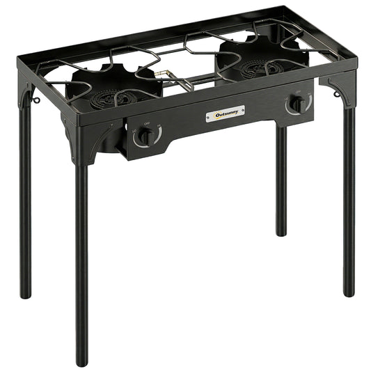 Photo of Outsunny Double Burner Camping Stove, 150,000 BTU High Pressure Camping Gas Stove with Detachable Legs, Black in Black colour on a white background