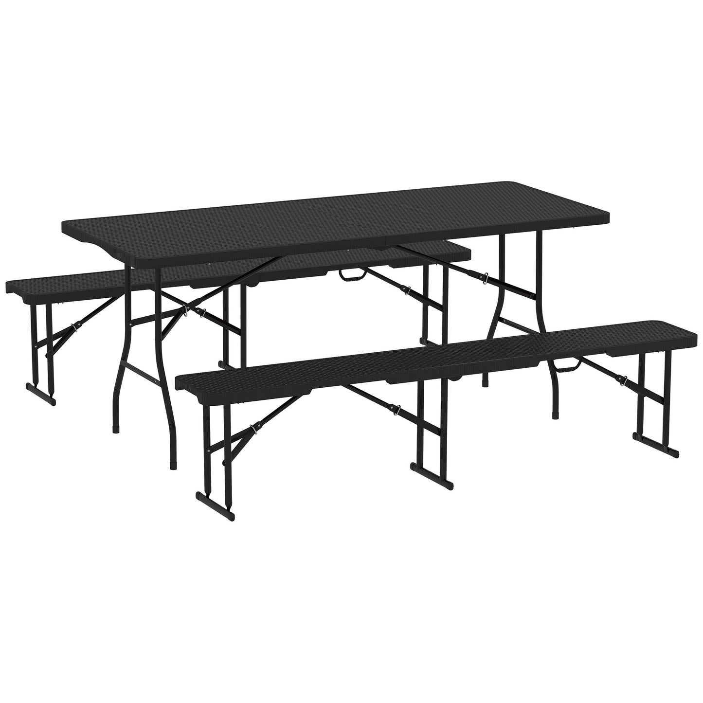 Photo of Outsunny Folding Picnic Table and Bench Set, Rattan Effect Portable Camping Table and Chairs with Carrying Handles for Indoor Outdoor, Dining, Camping, Picnic, BBQ, Party, Black in Black colour on a white background