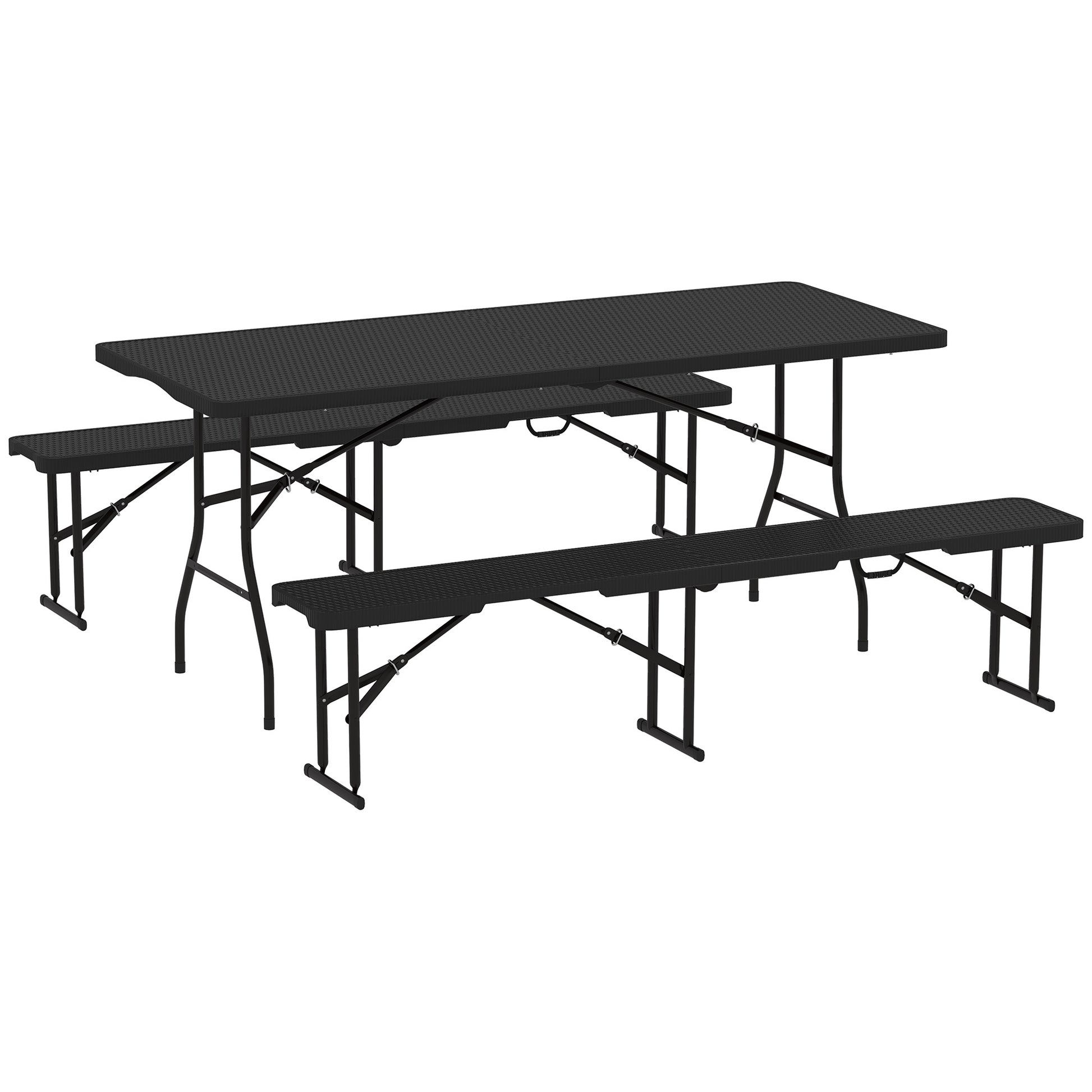 Photo of Outsunny Folding Picnic Table and Bench Set, Rattan Effect Portable Camping Table and Chairs with Carrying Handles for Indoor Outdoor, Dining, Camping, Picnic, BBQ, Party, Black in Black colour on a white background