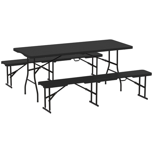 Photo of Outsunny Folding Picnic Table and Bench Set, Rattan Effect Portable Camping Table and Chairs with Carrying Handles for Indoor Outdoor, Dining, Camping, Picnic, BBQ, Party, Black in Black colour on a white background